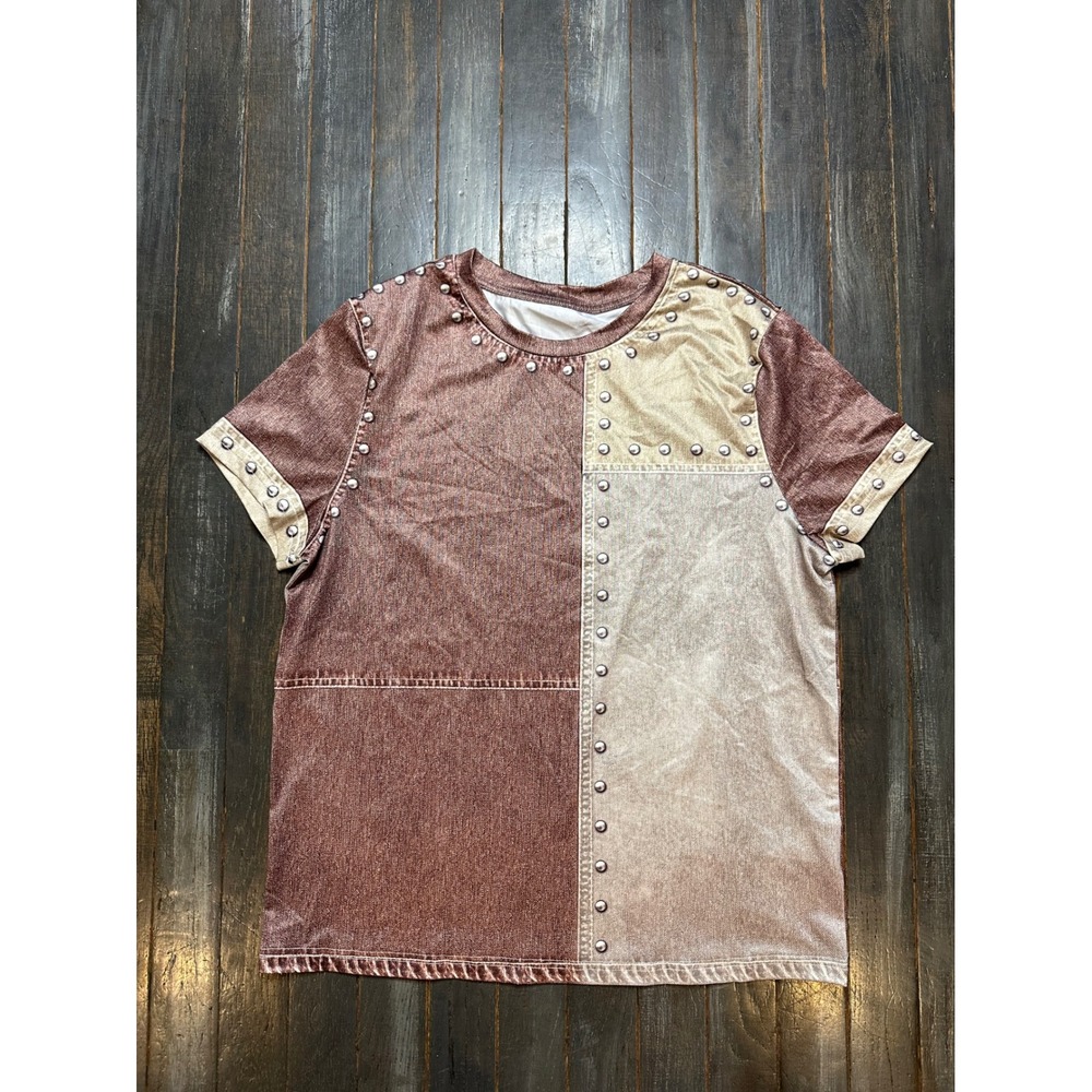 Shein Womens Denim Patchwork Print Studded Graphic T-Shirt Brown Tan